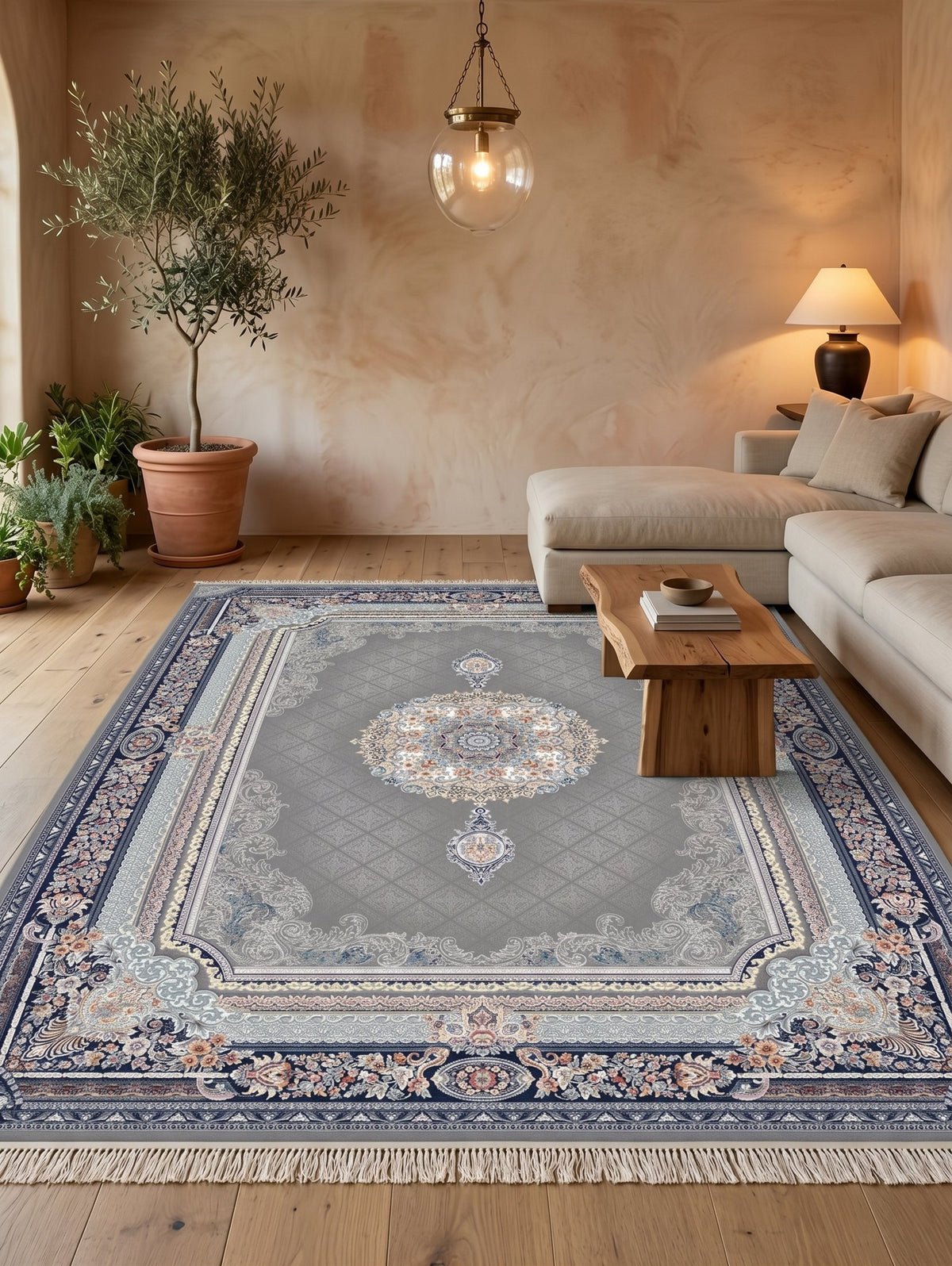 Steel Gray Classic Medallion Persian Rug · 1200 Reeds styled in a room — Stylish Rugs & Carpets, Sacramento