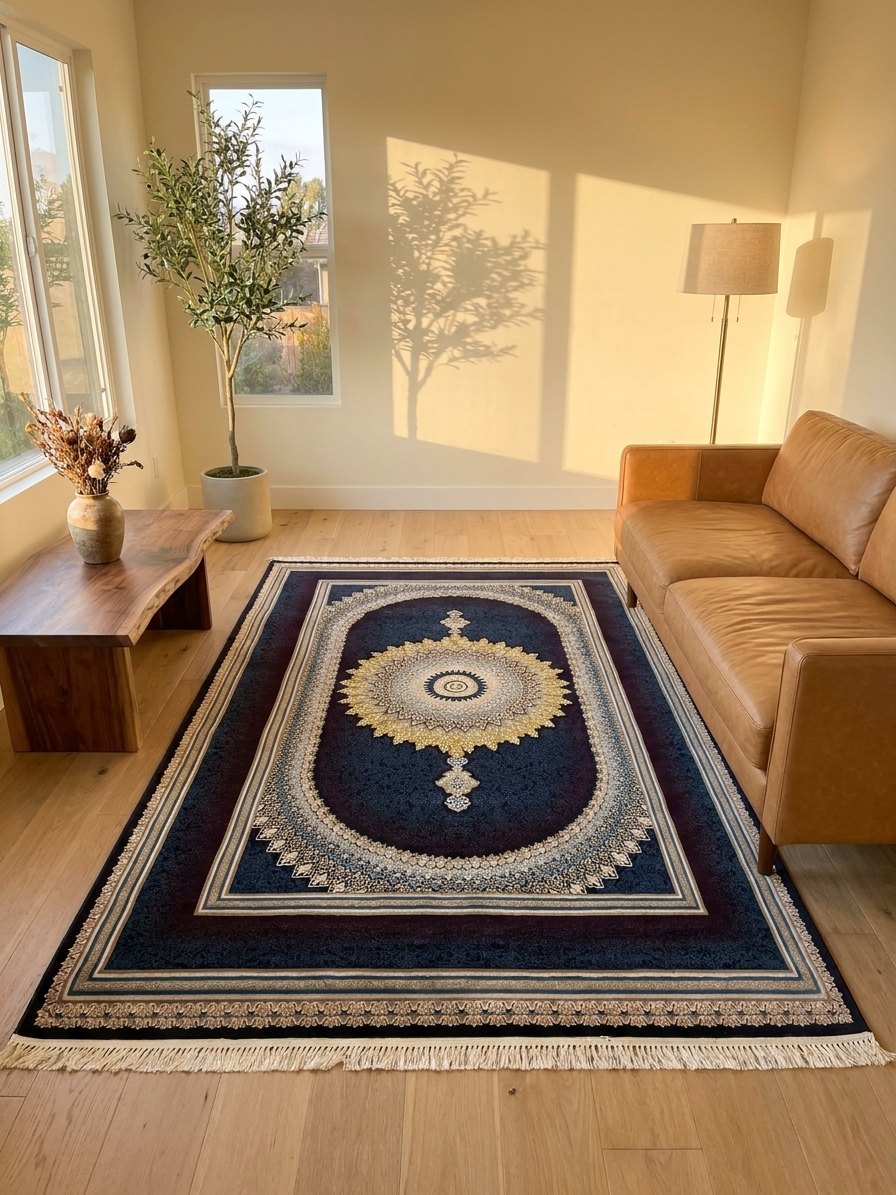 Navy & Burgundy Medallion Persian Rug · 1200 Reeds — size 8.2x11.5 Feet (250x350 cm) 9Meters shown to scale in a living room — Stylish Rugs & Carpets, Sacramento