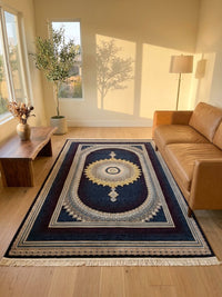 Navy & Burgundy Medallion Persian Rug · 1200 Reeds — size 8.2x11.5 Feet (250x350 cm) 9Meters shown to scale in a living room — Stylish Rugs & Carpets, Sacramento