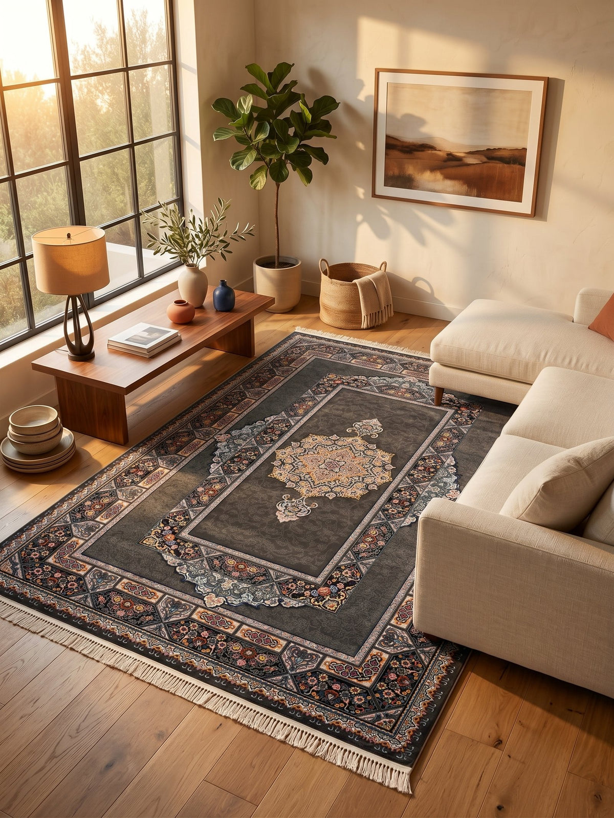 Dark Gray Traditional Medallion Persian Rug · 1200 Reeds — size 6.5x10 Feet (200x300 cm) 6Meters shown to scale in a living room — Stylish Rugs & Carpets, Sacramento