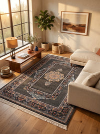 Dark Gray Traditional Medallion Persian Rug · 1200 Reeds — size 6.5x10 Feet (200x300 cm) 6Meters shown to scale in a living room — Stylish Rugs & Carpets, Sacramento