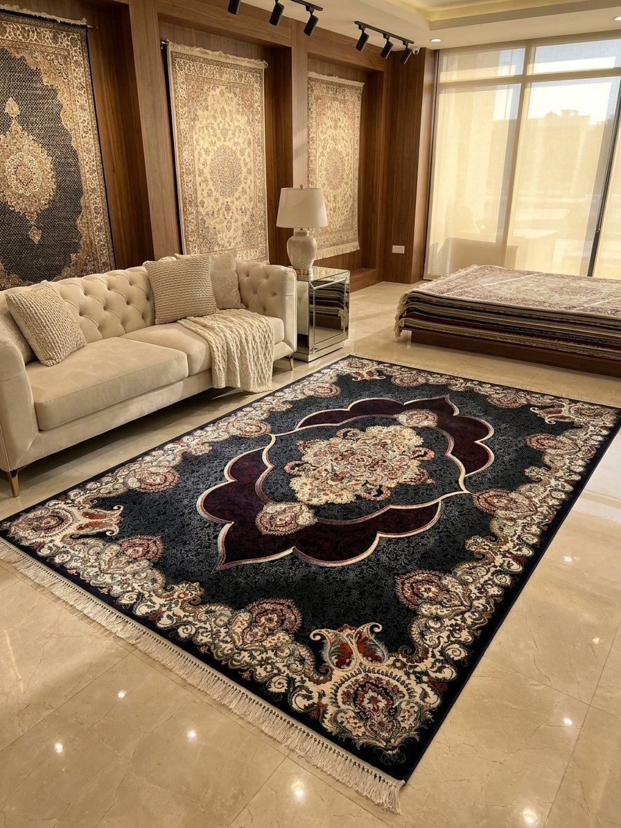 Mafkoor Persian Rug, Blue — 1200 Reeds — area rug styled in a room, Stylish Rugs & Carpets, Sacramento