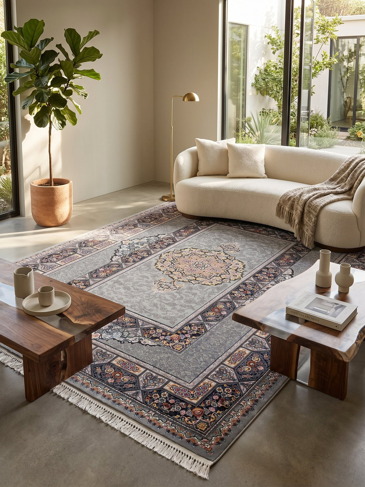 Light Gray Traditional Medallion Persian Rug · 1200 Reeds — size 10x13 Feet (300x400 cm) 12Meters shown to scale in a living room — Stylish Rugs & Carpets, Sacramento