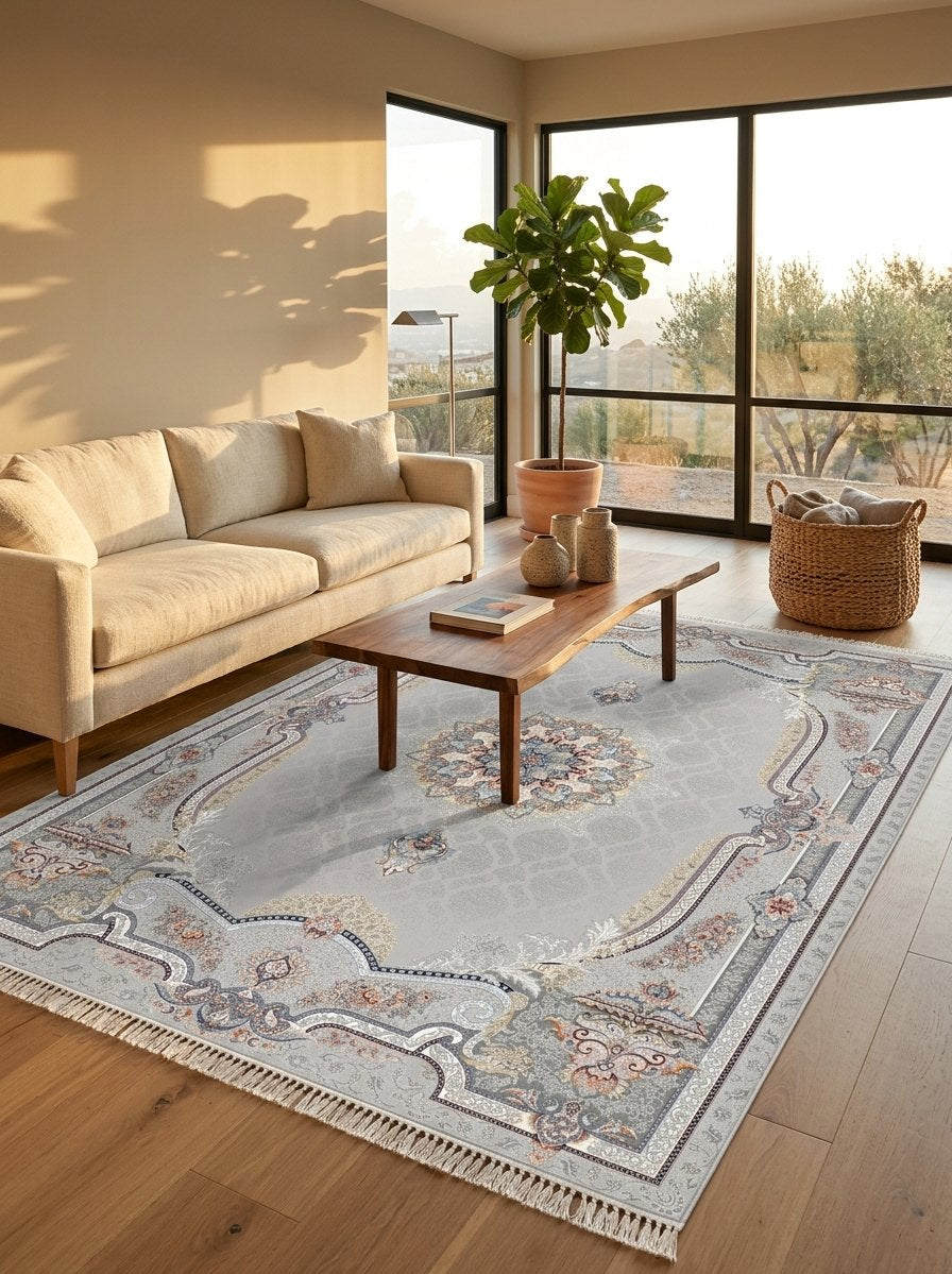 Silver Medallion Persian Rug · 1200 Reeds — size 10x13 Feet (300x400 cm) 12Meters shown to scale in a living room — Stylish Rugs & Carpets, Sacramento
