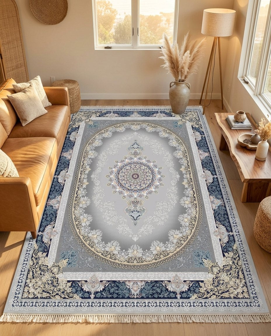 Navy Medallion Persian Rug · 1200 Reeds — size 3x13 Feet (91x400 cm) 4Meters Runner shown to scale in a living room — Stylish Rugs & Carpets, Sacramento