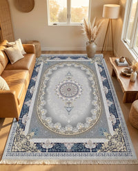 Navy Medallion Persian Rug · 1200 Reeds — size 3x13 Feet (91x400 cm) 4Meters Runner shown to scale in a living room — Stylish Rugs & Carpets, Sacramento