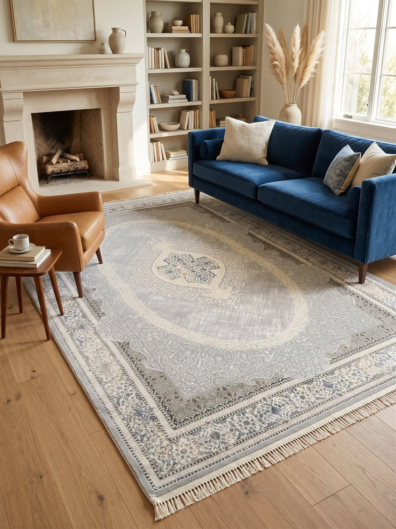 18 Lancet Paradise Light Gray Oval Crosshatch Medallion Turkish Rug | Stylish Rugs