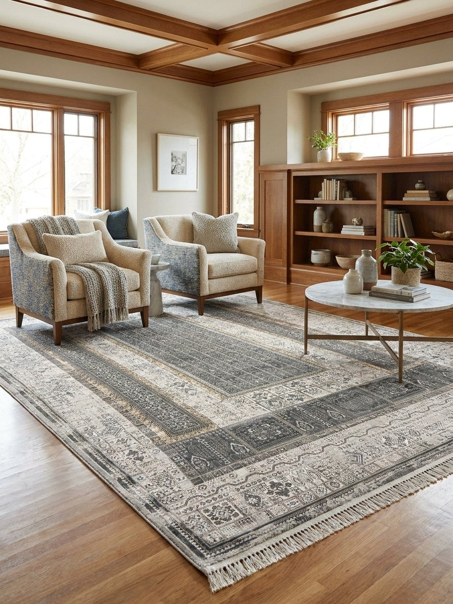 Light Gray Panel Turkish Rug rug styled in a Sacramento home — Stylish Rugs & Carpets