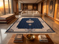 Deep Navy Central Medallion Persian Rug · 1200 Reeds styled in a room — Stylish Rugs & Carpets, Sacramento