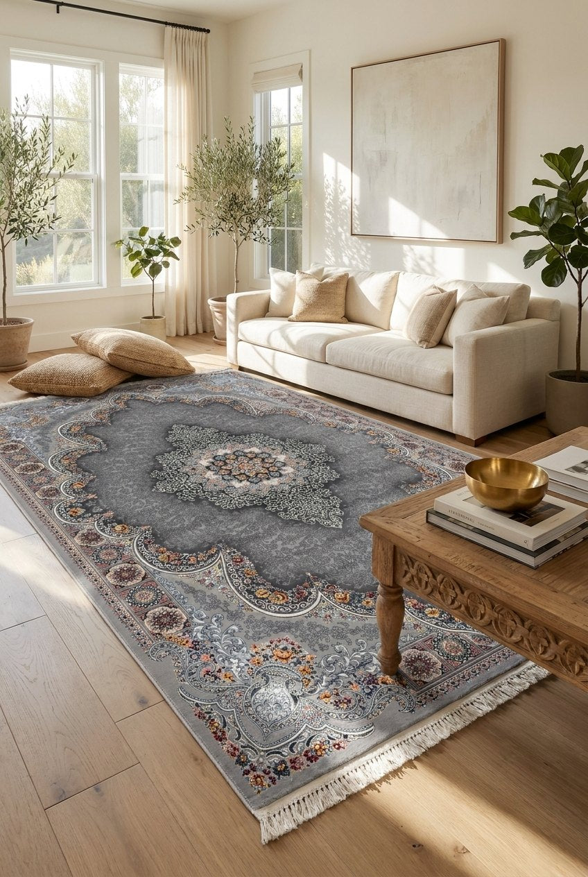 Light Gray Medallion Persian Rug · 1200 Reeds — size 10x13 Feet (300x400 cm) 12Meters shown to scale in a living room — Stylish Rugs & Carpets, Sacramento