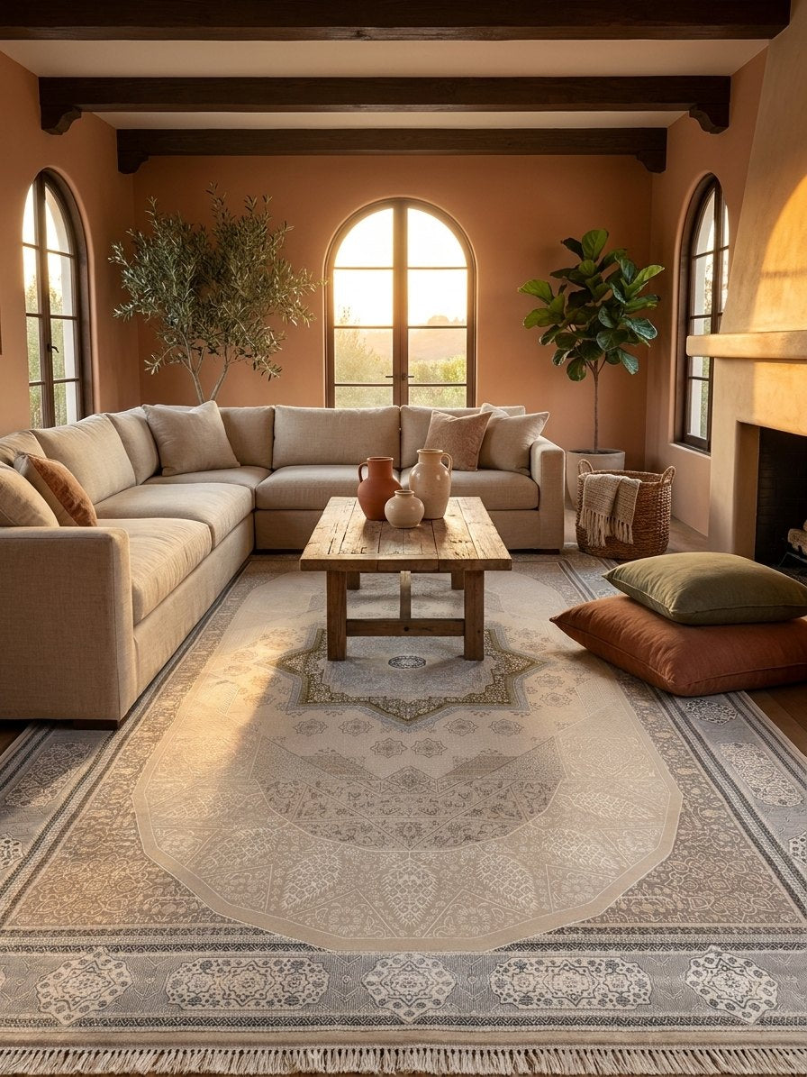 Beige Medallion Star Turkish Rug rug styled in a Sacramento home — Stylish Rugs & Carpets