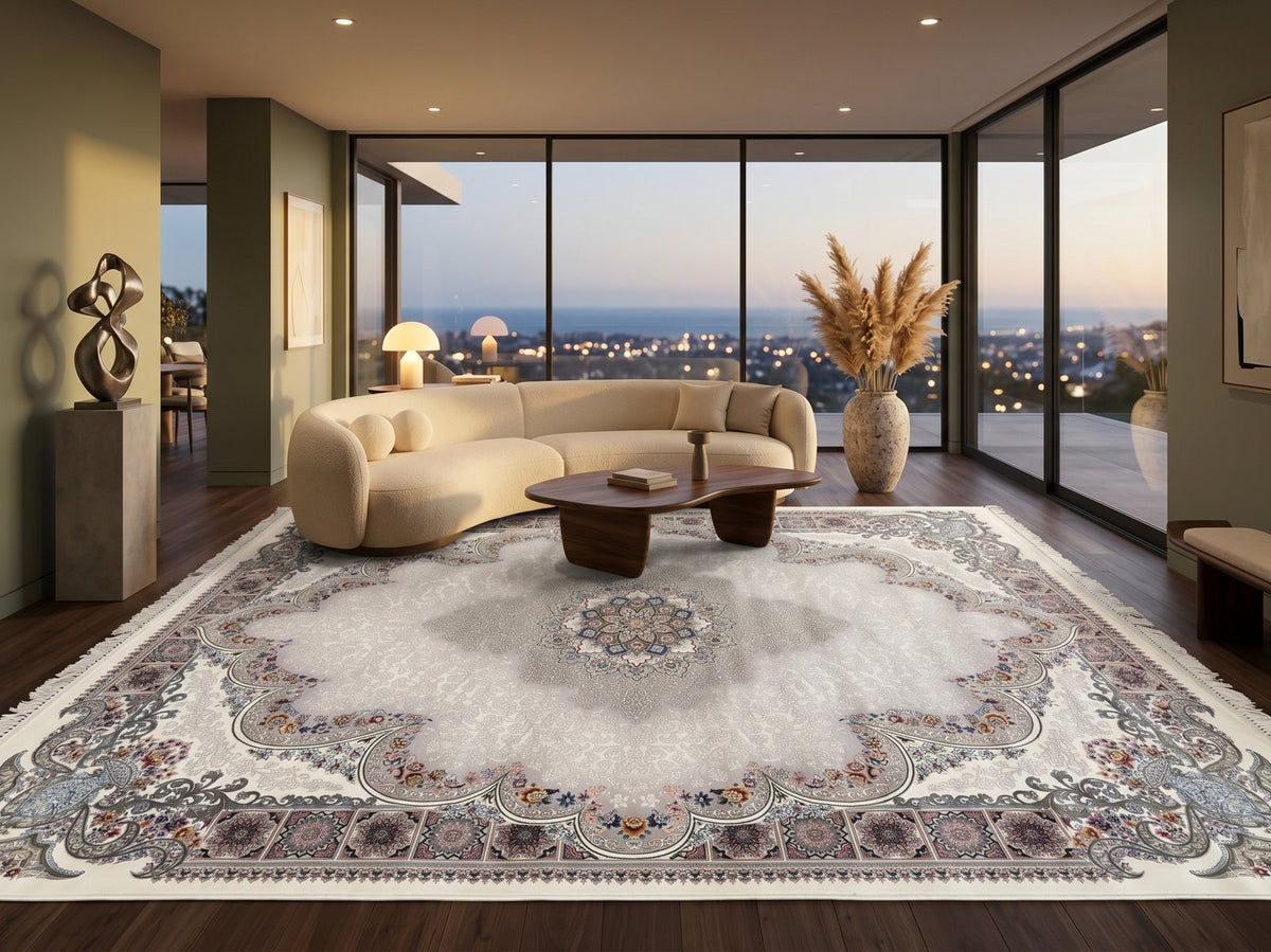 Cream Traditional Medallion Persian Rug · 1200 Reeds styled in a room — Stylish Rugs & Carpets, Sacramento