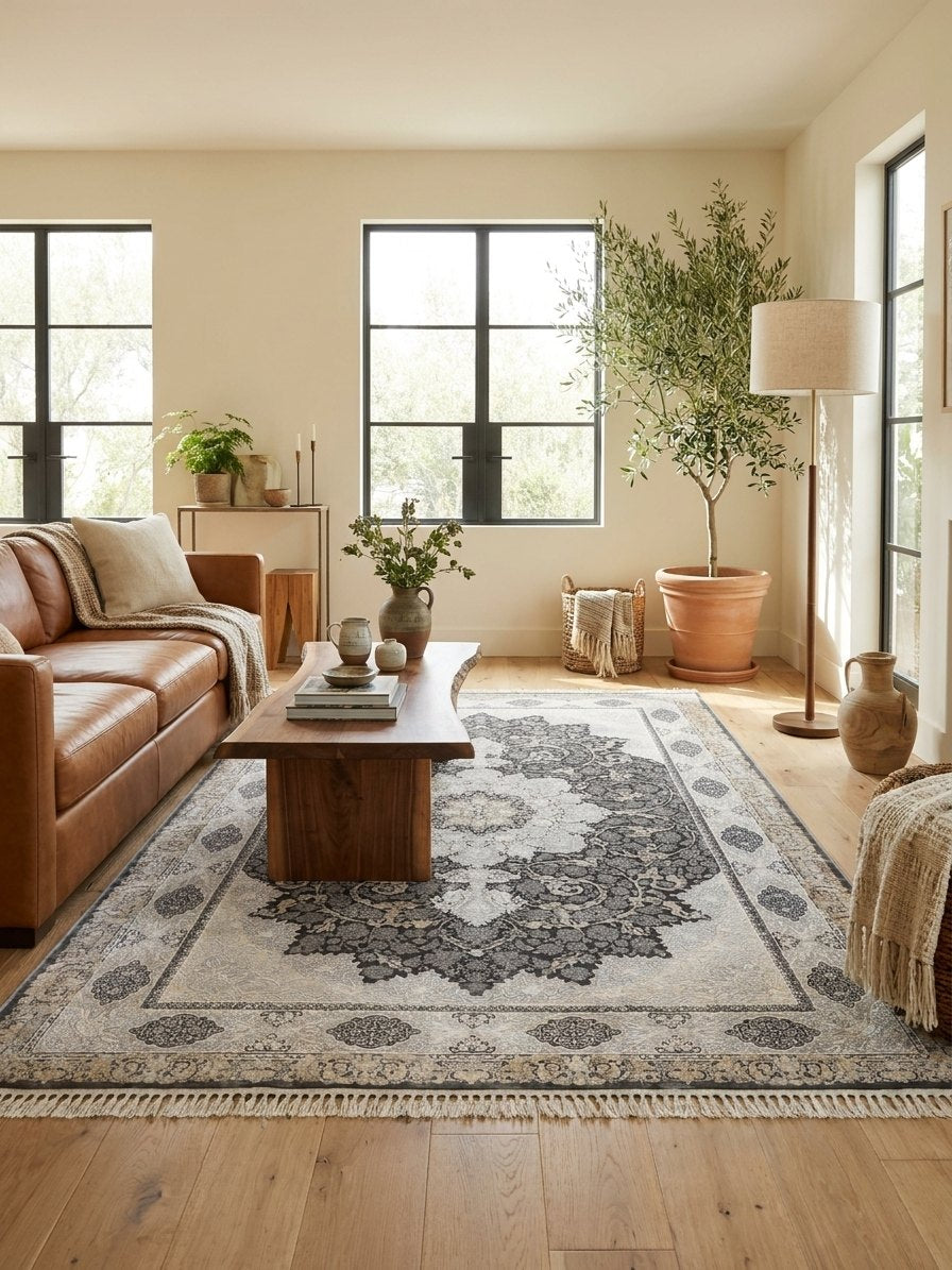 Gray & Gold Medallion Persian Rug rug styled in a Sacramento home — Stylish Rugs & Carpets