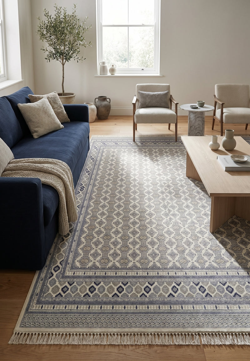 Cream and navy trellis Persian-design rug, Arman design AR015A