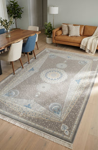 Grey & Teal Roundel Panel Rug - Shadow Art Silk — area rug styled in a room, Stylish Rugs & Carpets, Sacramento