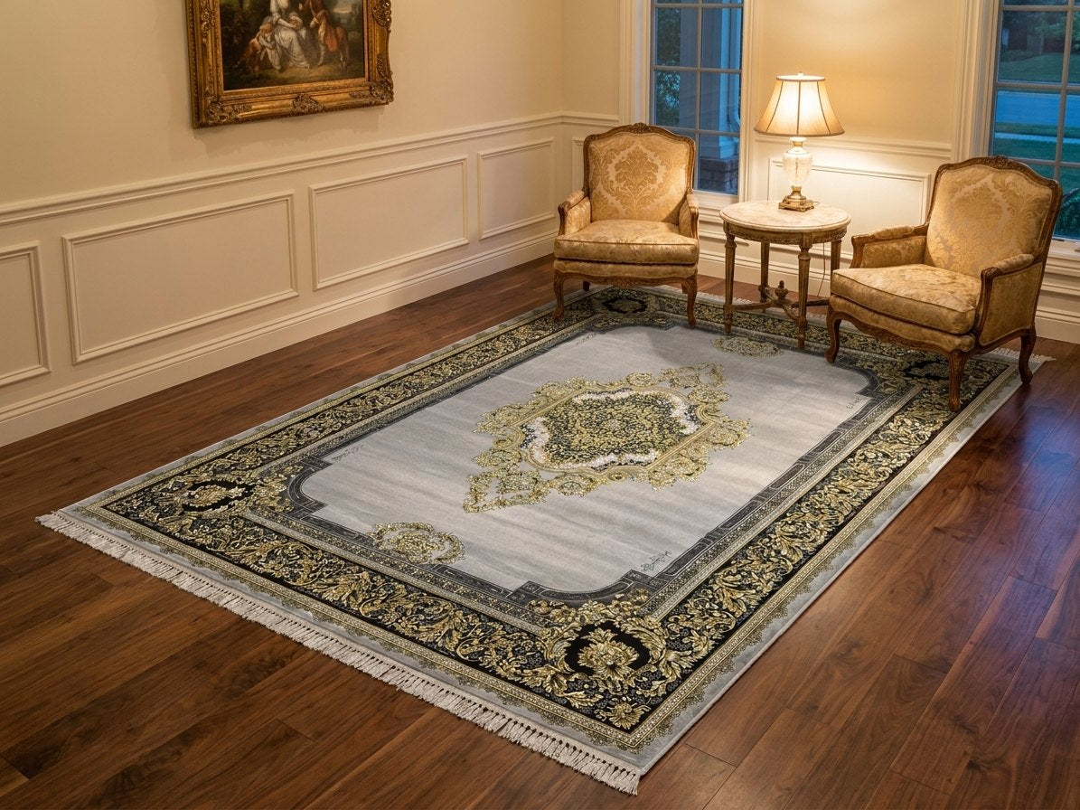 Gray & Gold Medallion Shah Persian Rug rug styled in a Sacramento home — Stylish Rugs & Carpets