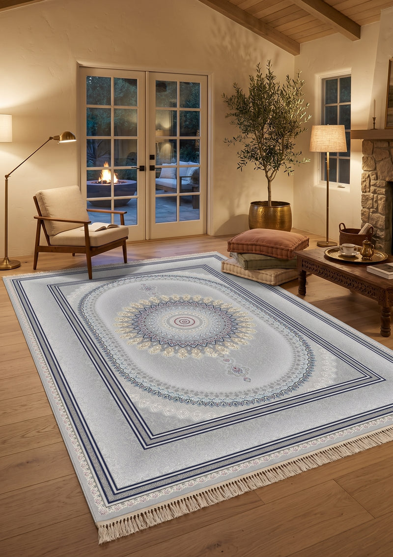 2026 Luxury Persian-Inspired Traditional Rug Light Gray Oval Medallion Navy Frame 1200 Reeds