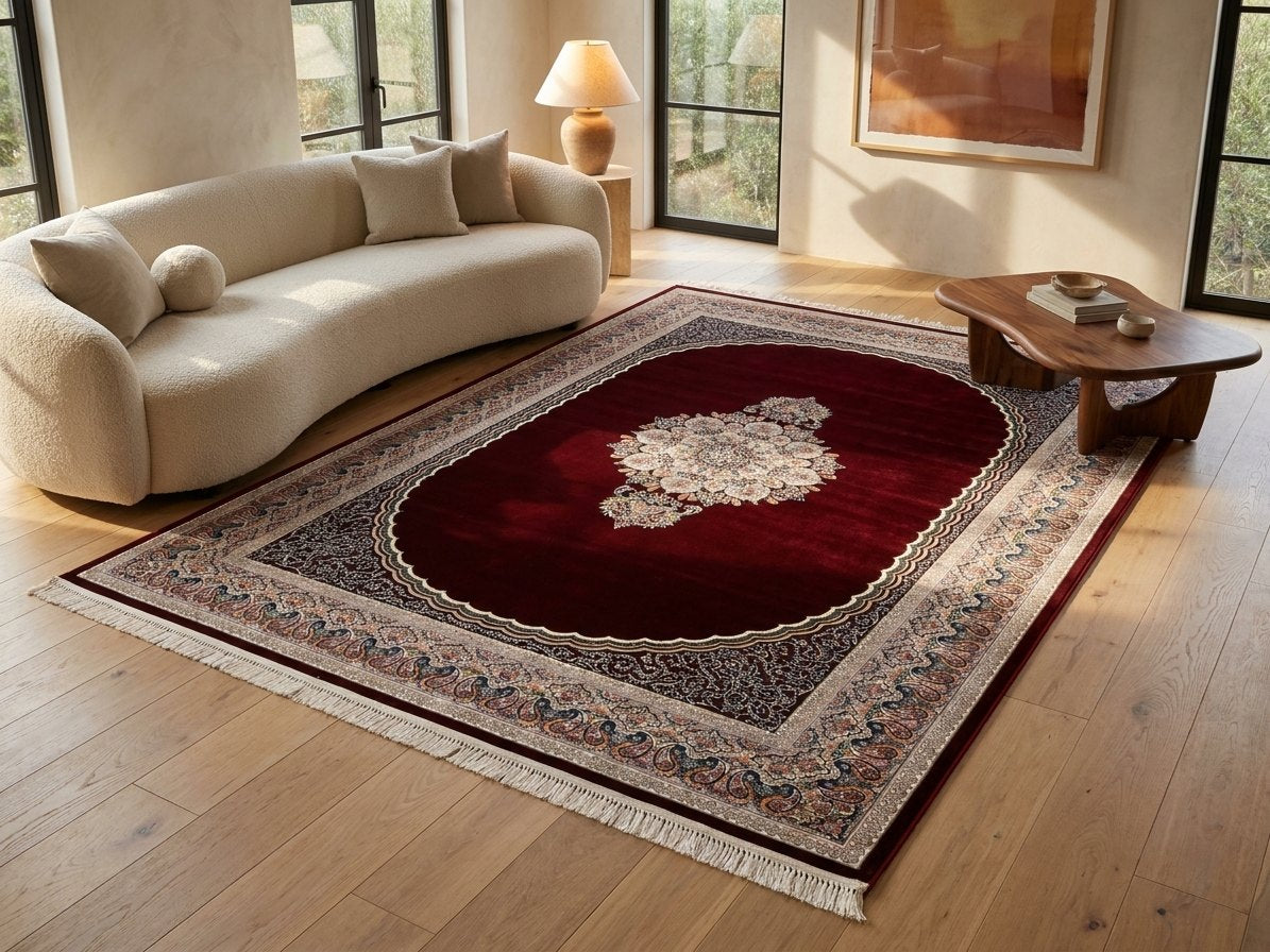 Burgundy Medallion Persian Rug · 1200 Reeds — size 8.2x11.5 Feet (250x350 cm) 9Meters shown to scale in a living room — Stylish Rugs & Carpets, Sacramento