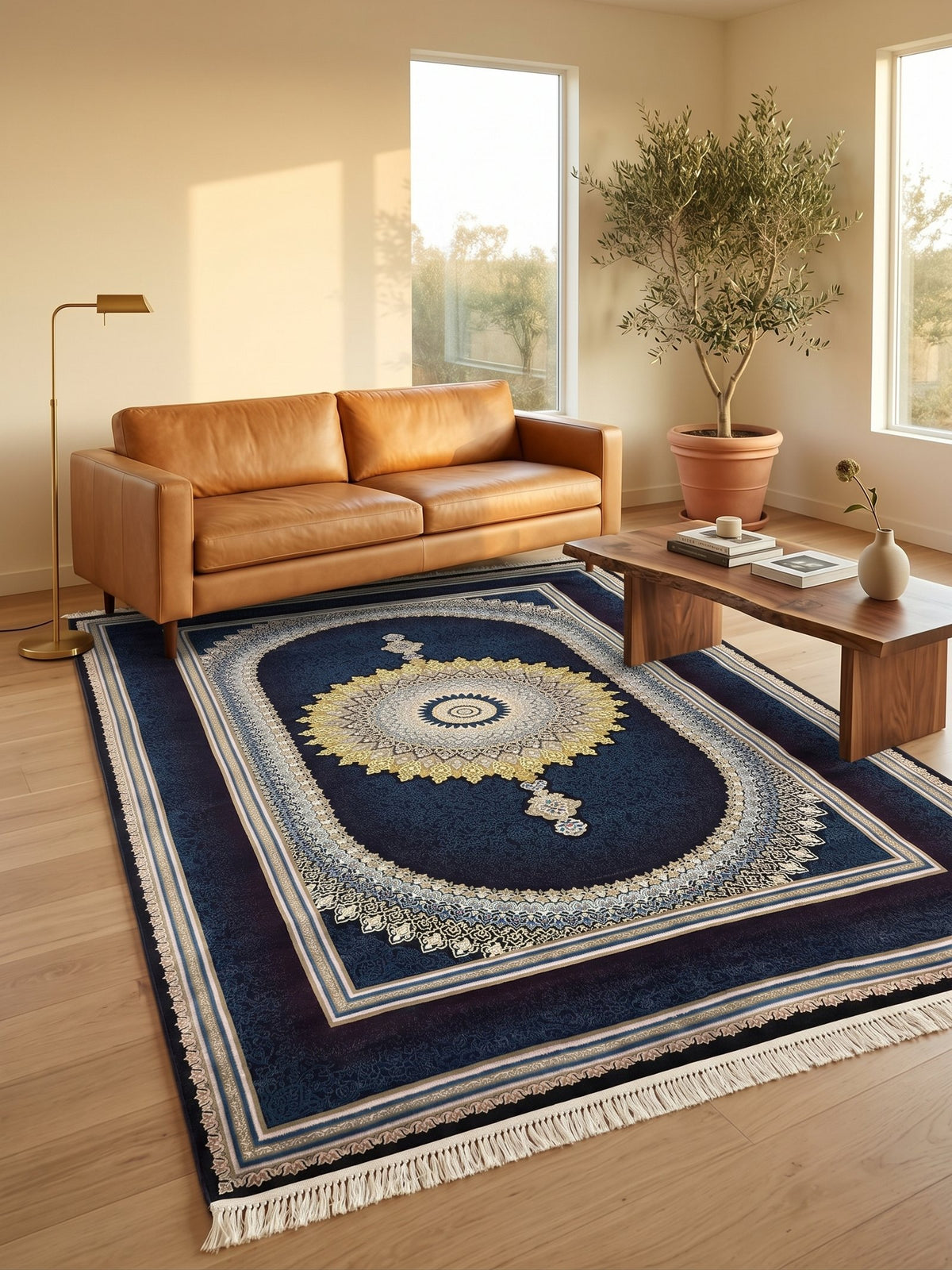 Navy & Burgundy Medallion Persian Rug · 1200 Reeds — size 8.2x11.5 Feet (250x350 cm) 9Meters shown to scale in a living room — Stylish Rugs & Carpets, Sacramento