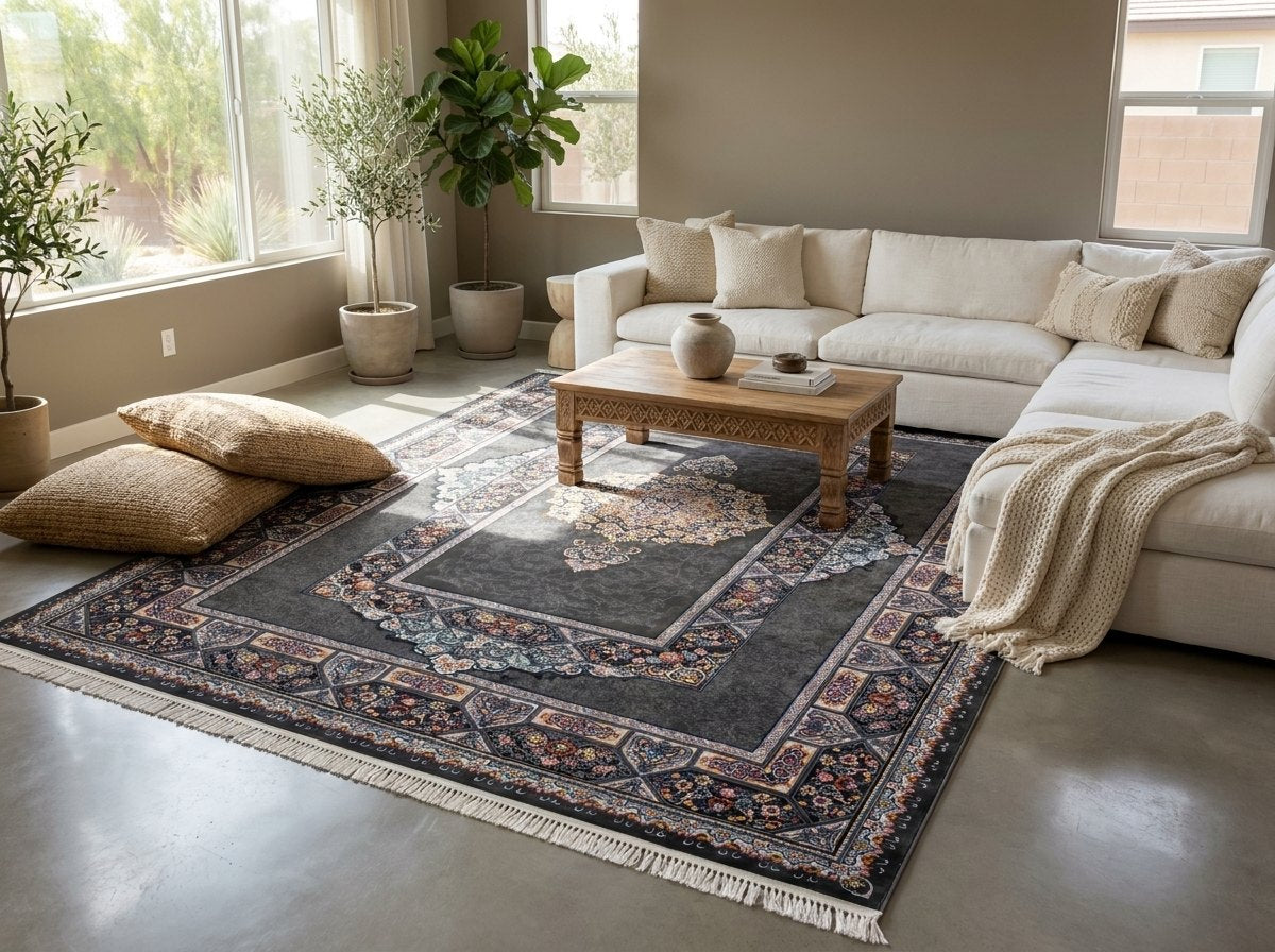 Dark Gray Medallion Persian Rug · 1200 Reeds — size 8.2x11.5 Feet (250x350 cm) 9Meters shown to scale in a living room — Stylish Rugs & Carpets, Sacramento