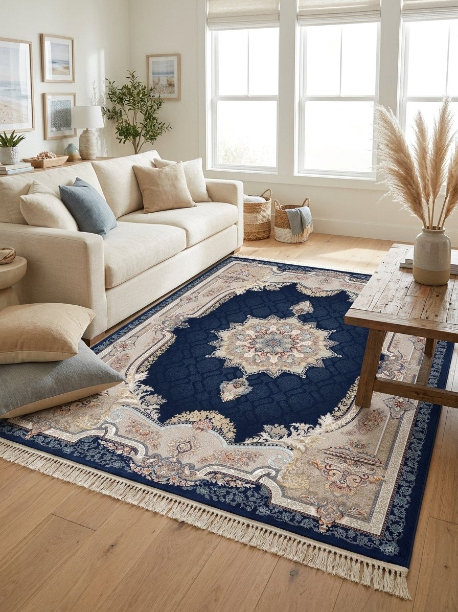 Navy Medallion Persian Rug · 1200 Reeds rug styled in a Sacramento home — Stylish Rugs & Carpets