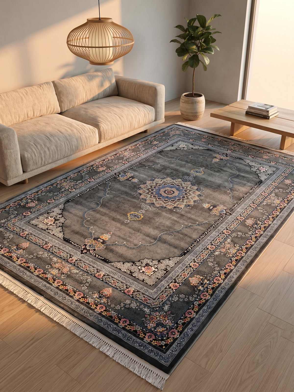 Light Gray Tabriz Medallion Persian Rug · 1200 Reeds styled in a room — Stylish Rugs & Carpets, Sacramento