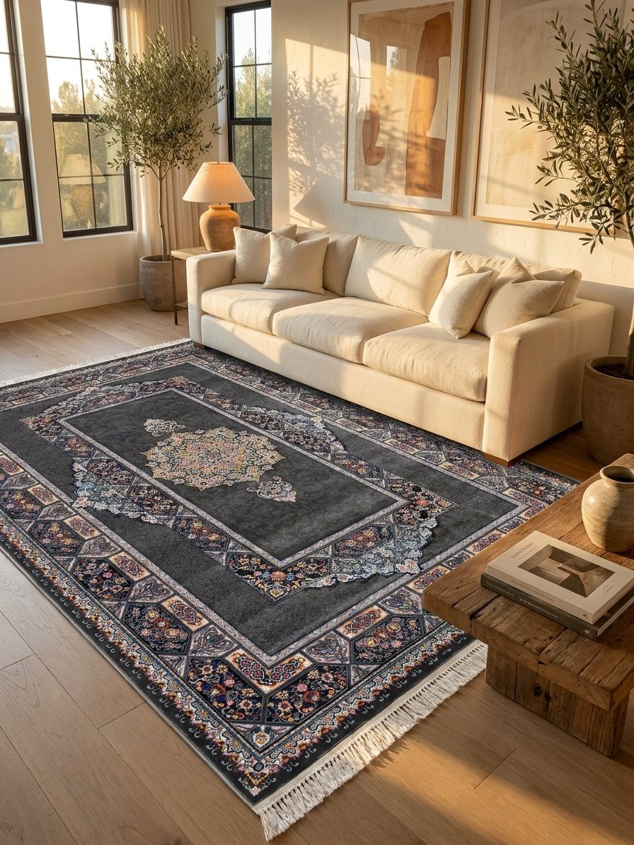 Dark Gray Medallion Persian Rug · 1200 Reeds — size 5x7.5 ft (150x230 cm) 3.5Meters shown to scale in a living room — Stylish Rugs & Carpets, Sacramento