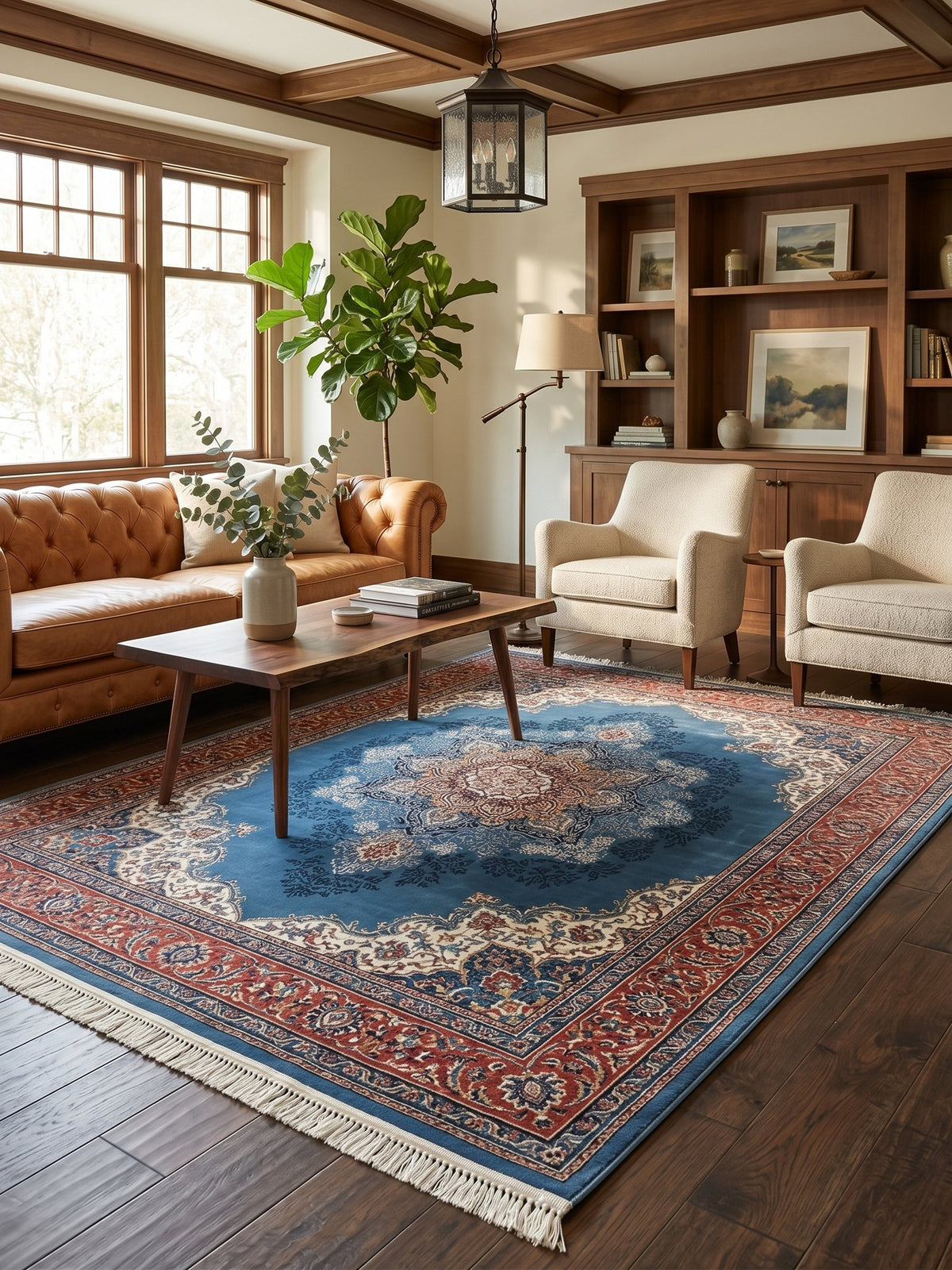 Classic Dark Blue Medallion Persian Rug styled in a room — Stylish Rugs & Carpets, Sacramento