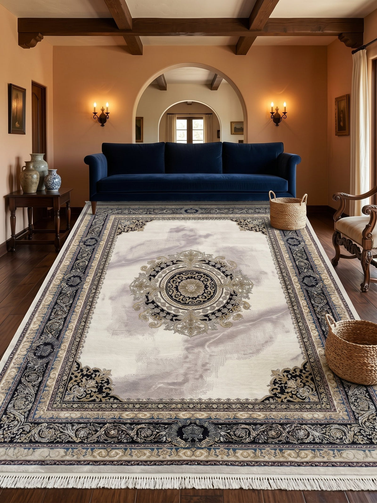 Cream Medallion Persian Rug — Modern Classic styled in a room — Stylish Rugs & Carpets, Sacramento