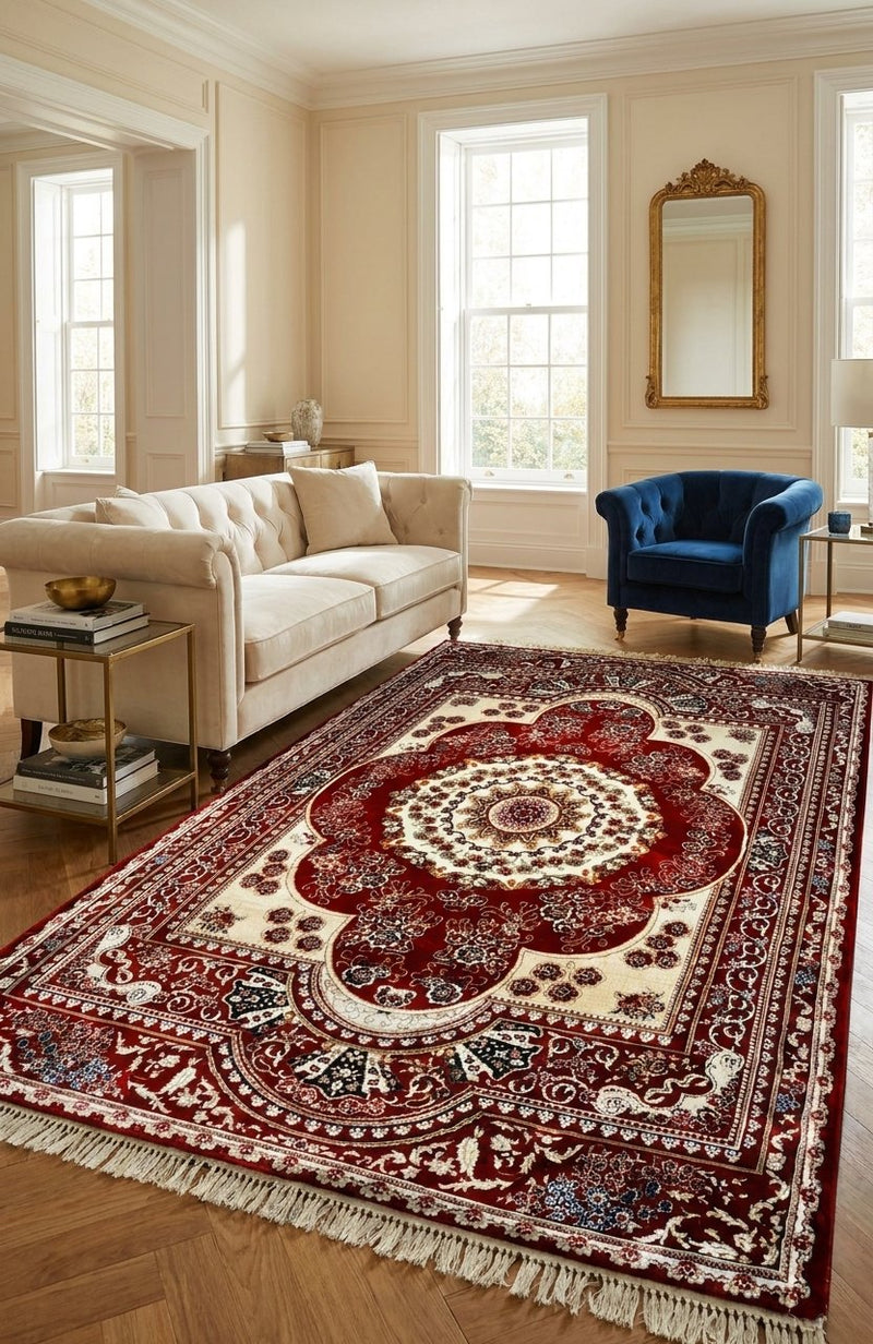 Persian Elegance Unveiled: Red and Cream Floral Tapestry