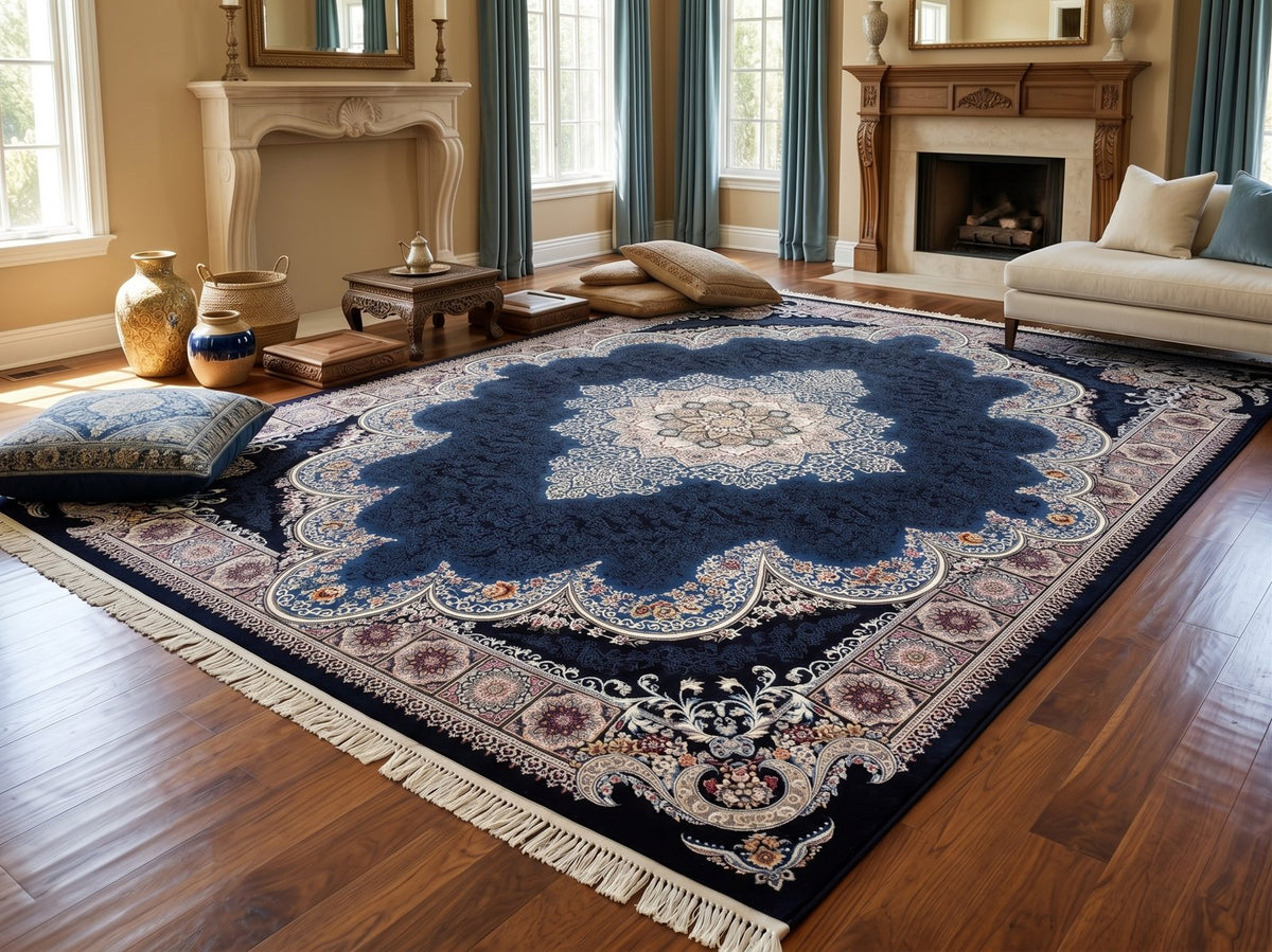 Navy Ornate Arch Medallion Persian Rug · 1200 Reeds styled in a room — Stylish Rugs & Carpets, Sacramento