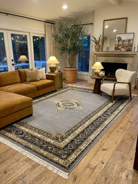 Gray & Gold Medallion Darbar Persian Rug rug styled in a Sacramento home — Stylish Rugs & Carpets
