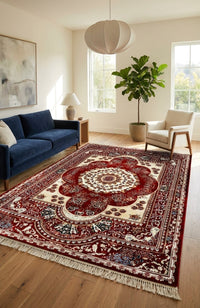Red & Cream Persian Floral Rug — size Microfiber / 3.2x13 Feet (100x400 cm) shown to scale in a living room — Stylish Rugs & Carpets, Sacramento