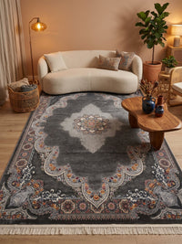 Dark Gray Ornate Arch Medallion Persian Rug · 1200 Reeds styled in a room — Stylish Rugs & Carpets, Sacramento