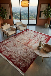 Red white Antique Rug — area rug styled in a room, Stylish Rugs & Carpets, Sacramento