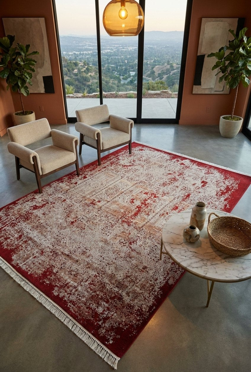 Red white Antique Rug — area rug styled in a room, Stylish Rugs & Carpets, Sacramento