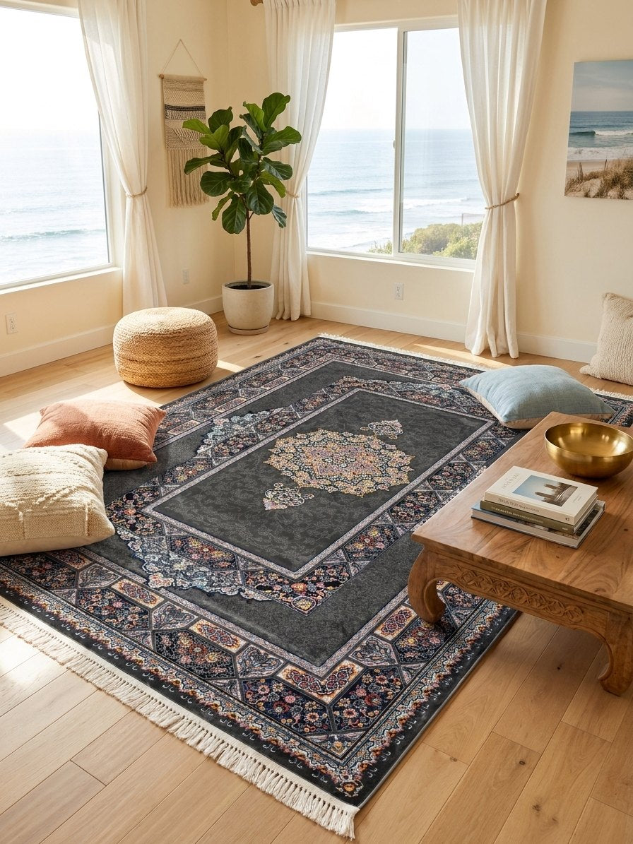 Dark Gray Medallion Persian Rug · 1200 Reeds rug styled in a Sacramento home — Stylish Rugs & Carpets