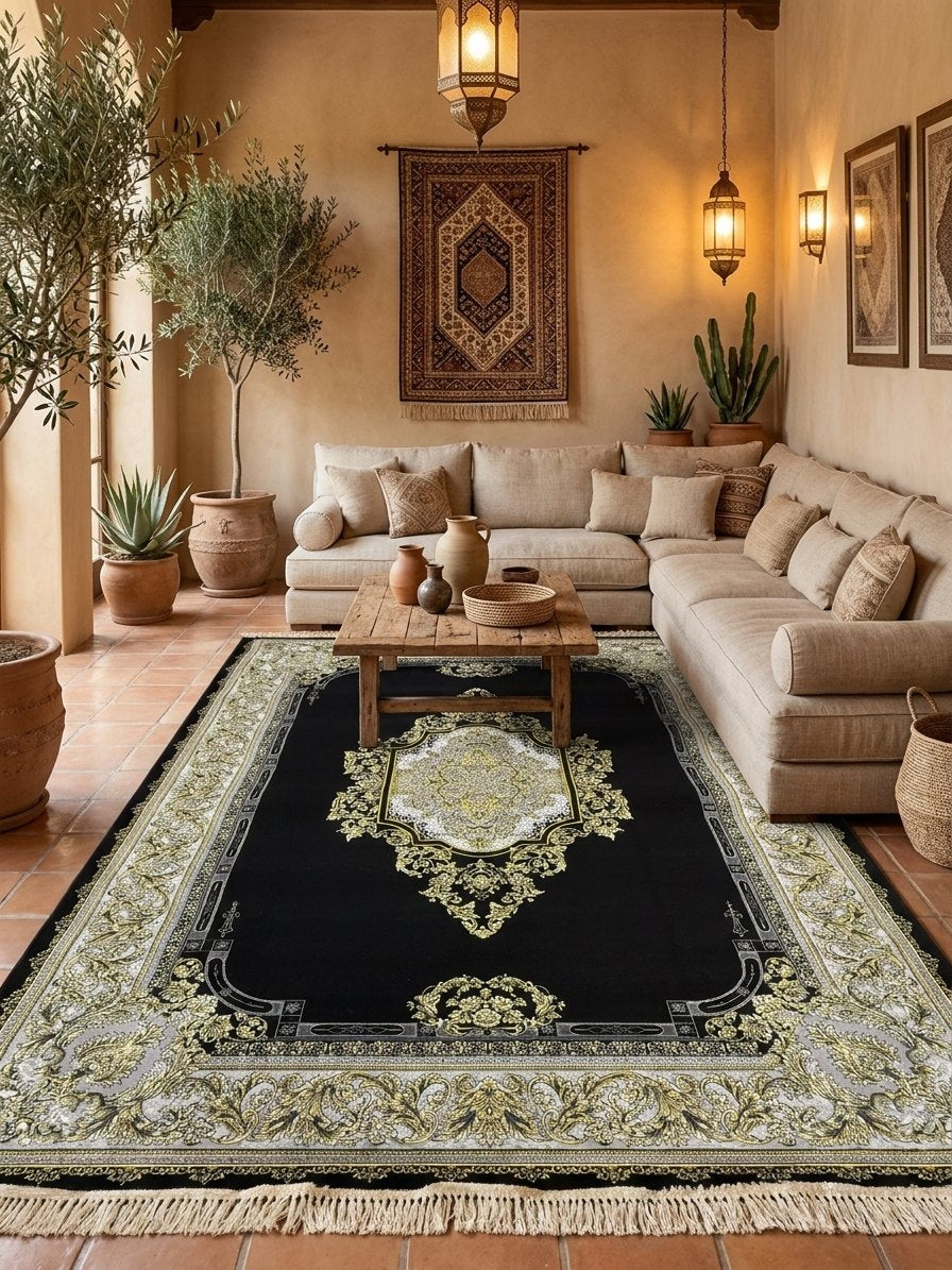 Black & Gold Medallion Turkish Rug rug styled in a Sacramento home — Stylish Rugs & Carpets