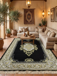 Black & Gold Medallion Turkish Rug rug styled in a Sacramento home — Stylish Rugs & Carpets