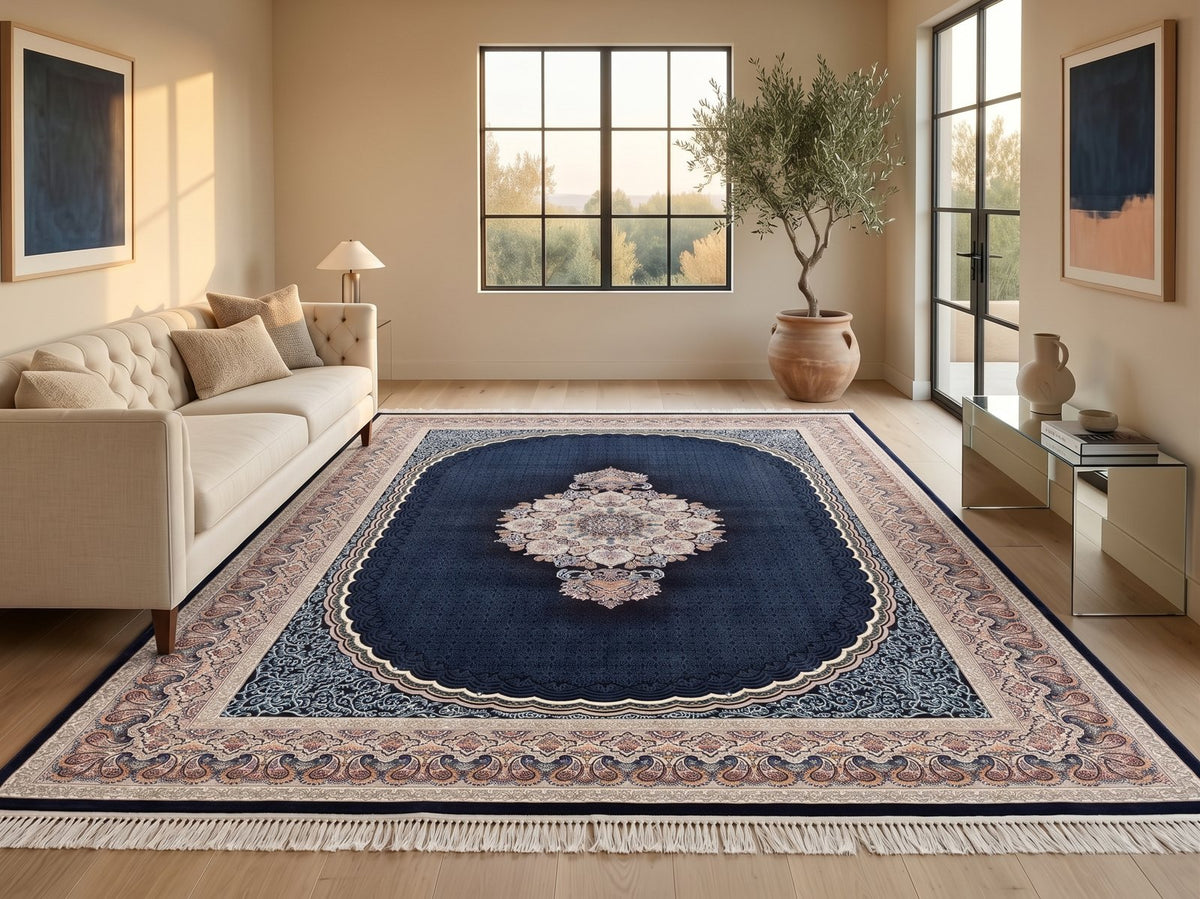 Navy Blue Traditional Persian Rug · 1200 Reeds — size 5x7.5 ft (150x230 cm) 3.5Meters shown to scale in a living room — Stylish Rugs & Carpets, Sacramento