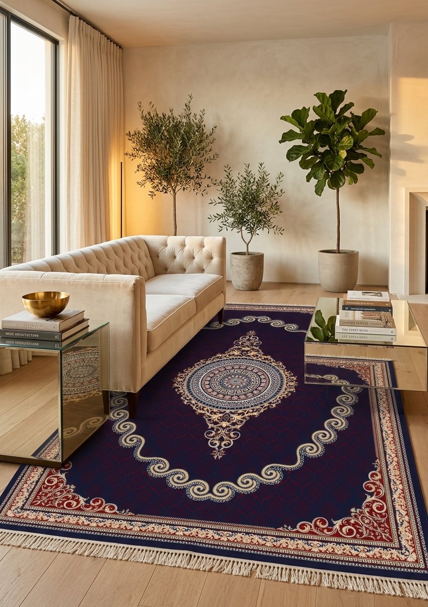 Red & Gold Scroll Persian Rug · 1200 Reeds — size 5x7.5 ft (150x230 cm) 3.5Meters shown to scale in a living room — Stylish Rugs & Carpets, Sacramento