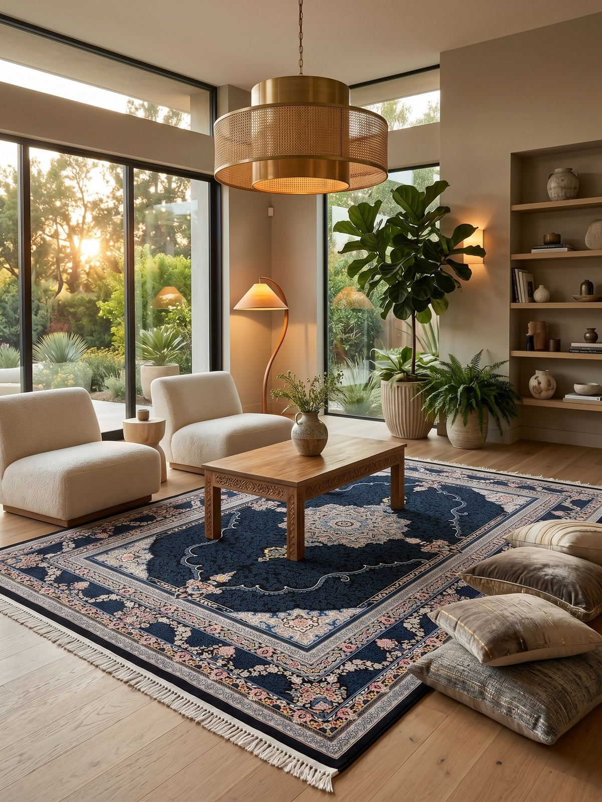 Navy Classic Medallion Persian Rug · 1200 Reeds styled in a room — Stylish Rugs & Carpets, Sacramento