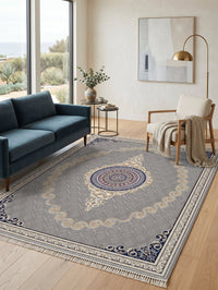 Silver Gray & Gold Scroll Persian Rug · 1200 Reeds — size 6.5x10 Feet (200x300 cm) 6Meters shown to scale in a living room — Stylish Rugs & Carpets, Sacramento