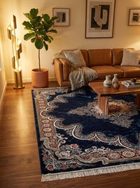 Luxury Navy Persian Rug — 1200 Reeds — area rug styled in a room, Stylish Rugs & Carpets, Sacramento