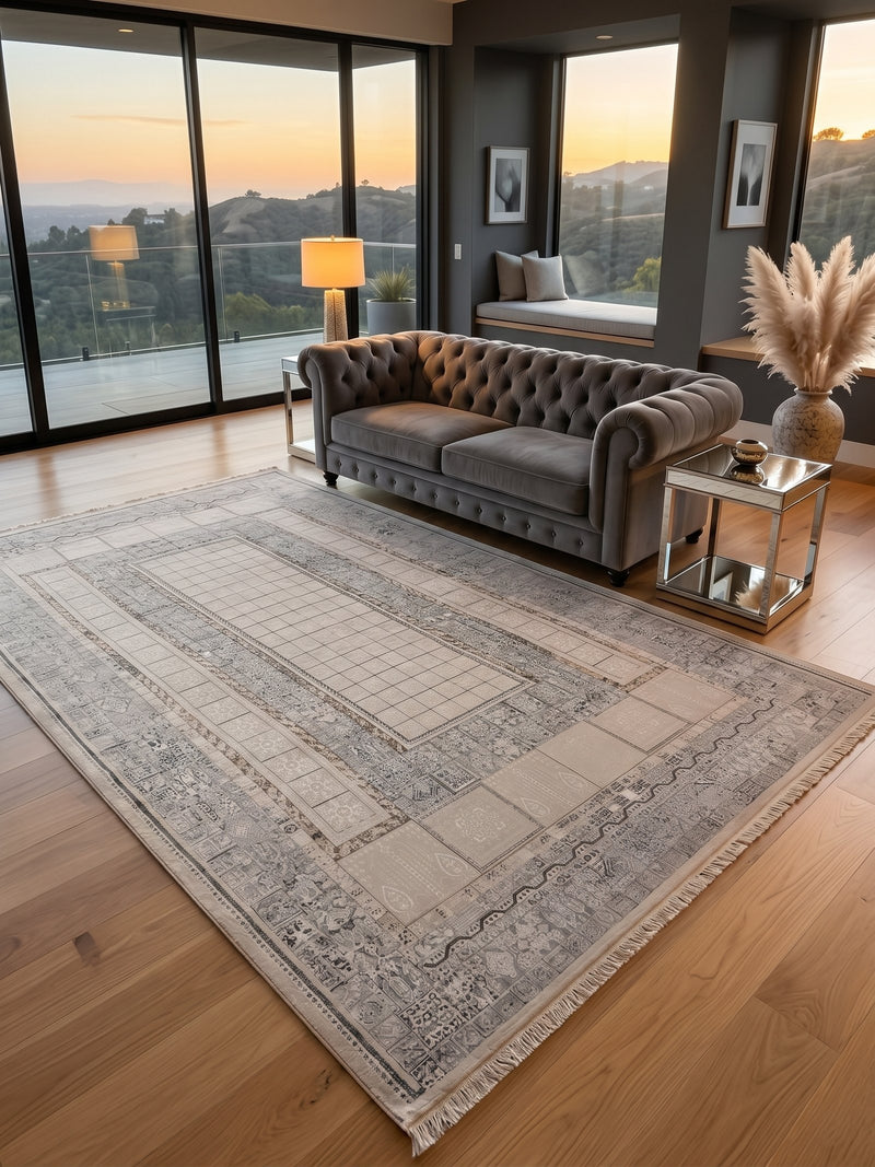 Light Gray Geometric Panel Turkish Rug | Stylish Rugs