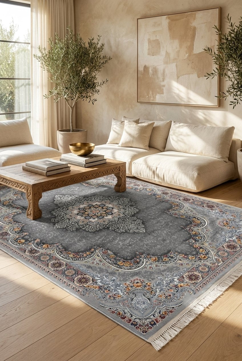 Light Gray Medallion Persian Rug · 1200 Reeds — size 5x7.5 ft (150x230 cm) 3.5Meters shown to scale in a living room — Stylish Rugs & Carpets, Sacramento