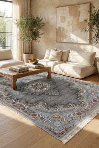 Light Gray Medallion Persian Rug · 1200 Reeds — size 5x7.5 ft (150x230 cm) 3.5Meters shown to scale in a living room — Stylish Rugs & Carpets, Sacramento