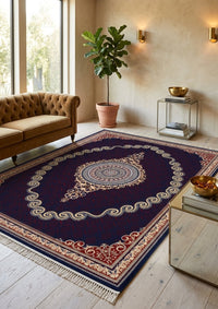 Red & Gold Scroll Persian Rug · 1200 Reeds — size 8.2x11.5 Feet (250x350 cm) 9Meters shown to scale in a living room — Stylish Rugs & Carpets, Sacramento