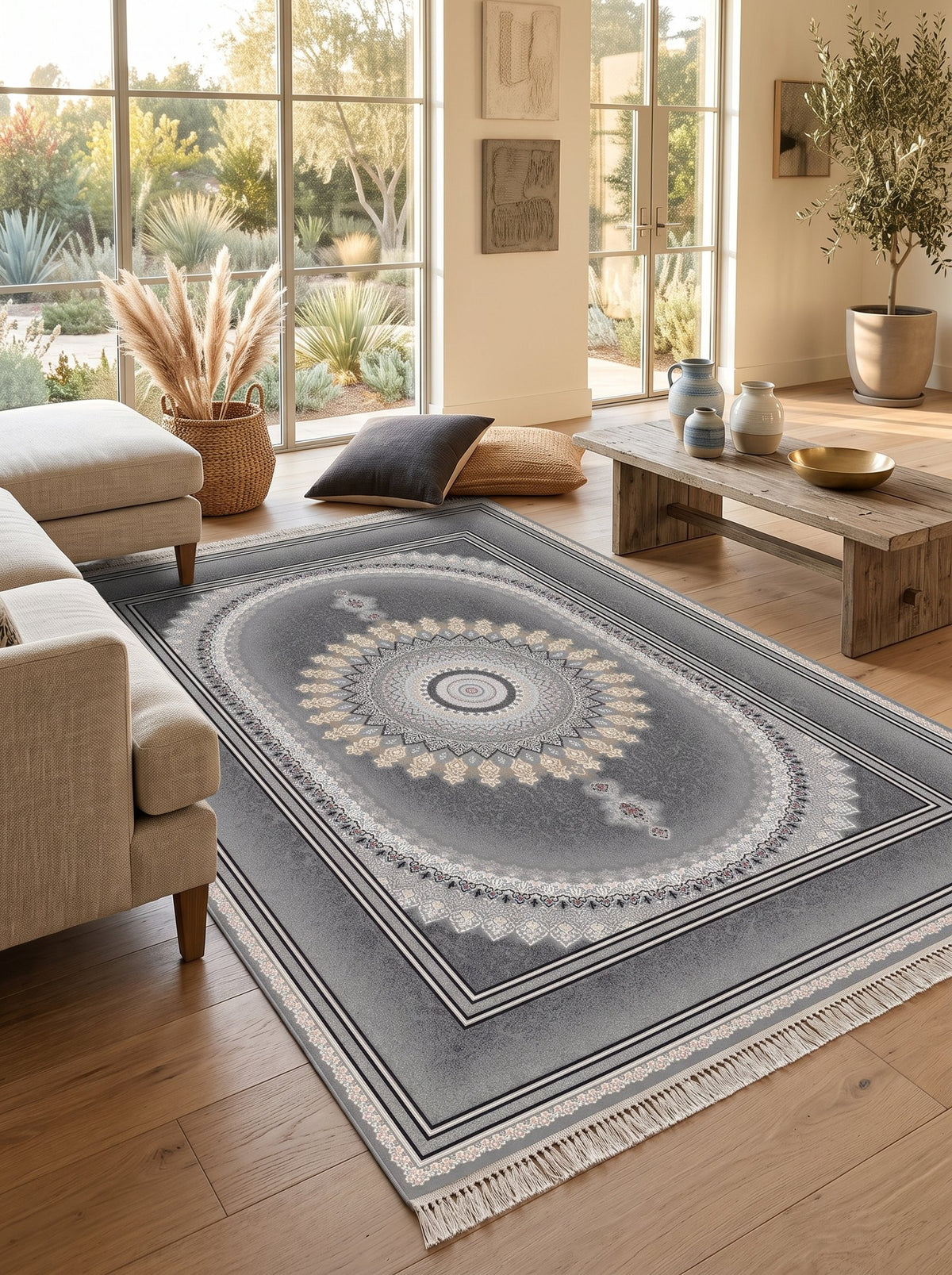 Dark Gray Oval Medallion Persian Rug · 1200 Reeds — size 6.5x10 Feet (200x300 cm) 6Meters shown to scale in a living room — Stylish Rugs & Carpets, Sacramento