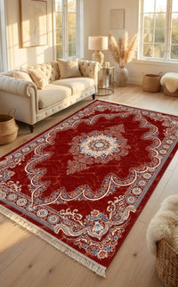 Star Kashan Persian Rug, Red — 1200 Reeds — area rug styled in a room, Stylish Rugs & Carpets, Sacramento